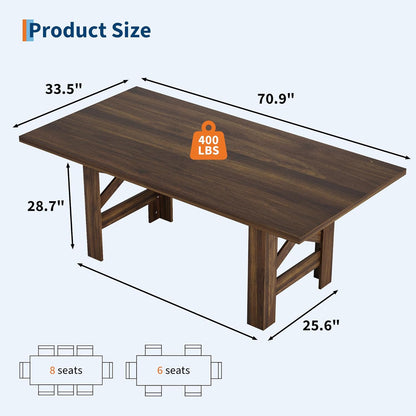 Dining Table for 6-8, 71" Long Large Wooden Farmhouse Kitchen Table with Thick Sturdy Frame, Rectangular Dining Room Dinner Table with Stable Triangular Legs for Kitchen,Office, Rustic Gray