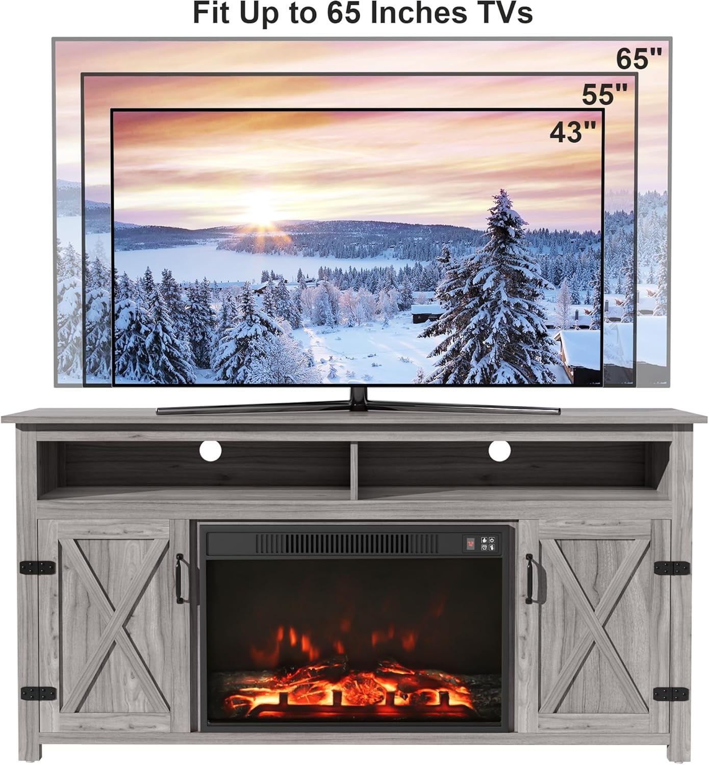 Farmhouse Fireplace TV Stand for Tvs up to 65 Inch Highboy Entertainment Center with Open Storage and Side Cabinets Rustic Media Console Table with Barn Doors for Living Room (Grey Wash)