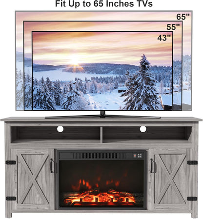 Farmhouse Fireplace TV Stand for Tvs up to 65 Inch Highboy Entertainment Center with Open Storage and Side Cabinets Rustic Media Console Table with Barn Doors for Living Room (Grey Wash)
