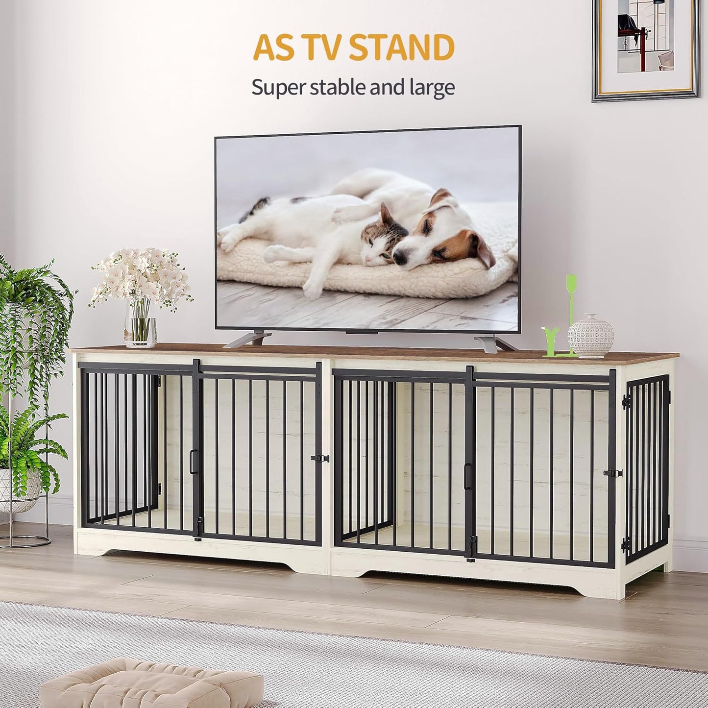 78" Dog Crate Furniture for 2 Dogs, Double Dog Cage with Divider, Wooden Heavy Duty Dogs Kennel, Pet Cage with Barn Door, TV Stand for Large Small Medium Dogs, White Brown DFC83714BV1