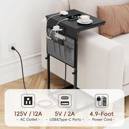 C Shaped End Table with Charging Station, Adjustable Height Side Table for Couch, Small Sofa Table Laptop Couch Desk, Slide under Sofa TV Tray Tall Arm C Tables for Living Room Bedroom, Black