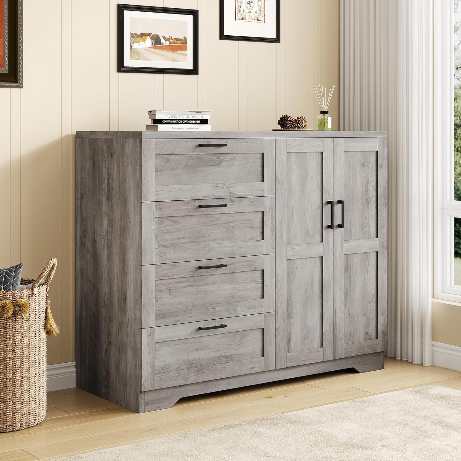 43.3'' H Armoire Wardrobe Closet with 4 Drawers and 2 Doors, Hanging Rod, Multifunctional Wooden Dresser with Storage Closet, Bathroom Cabinet for Bedroom, Gray