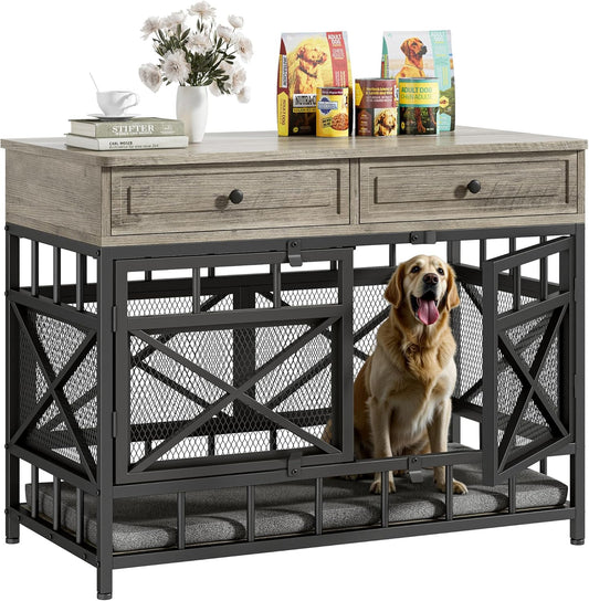 44 Inch Large Dog Crate Furniture, Wooden Dog Kennel with Storage Drawers for Medium/Large Dogs, Decorative Dogs Kennel Indoor, White and Walnut