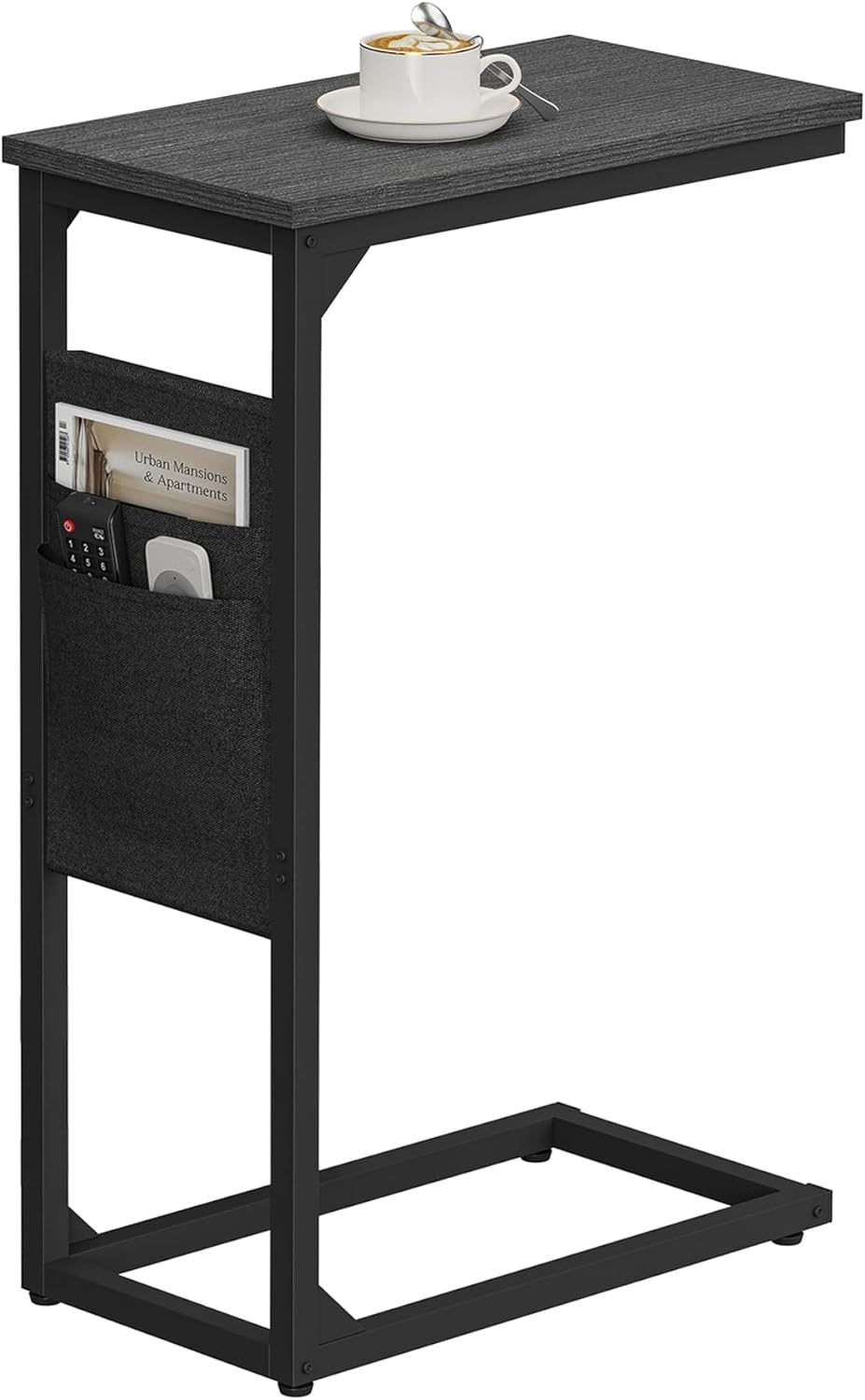 C Shaped End Table, Side Table for Couch, Sofa Table with Storage Bag, TV Tray for Living Room, Bedroom, Black TB01BK082