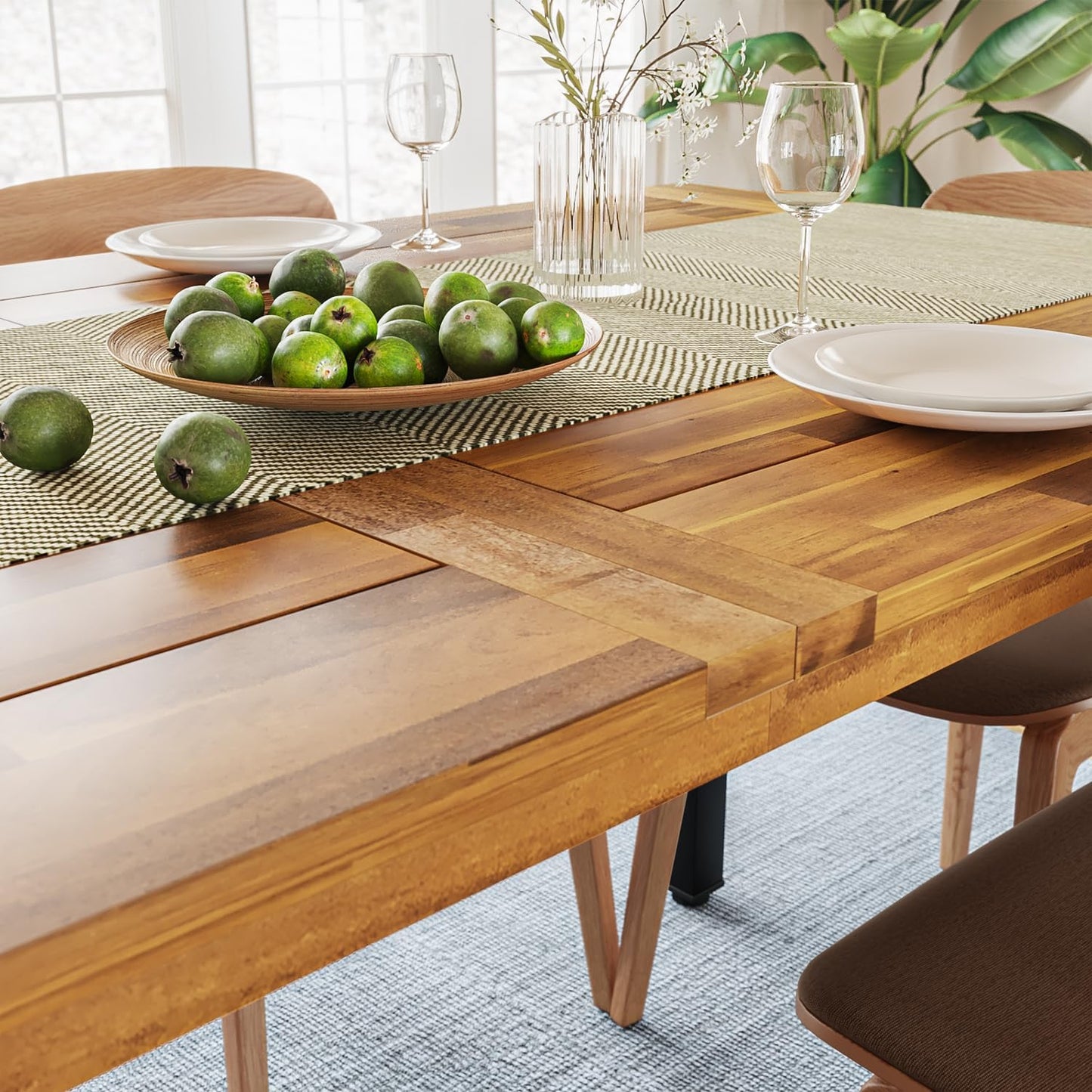 Dining Table for 6-8 People, 70" Acacia Wood Rustic Rectangular Dinner Table with Metal Frame, Sandblast Finish, Natural Stained, Indoor Outdoor Kitchen Dining Room Table Large 70X33.2X30 Inch