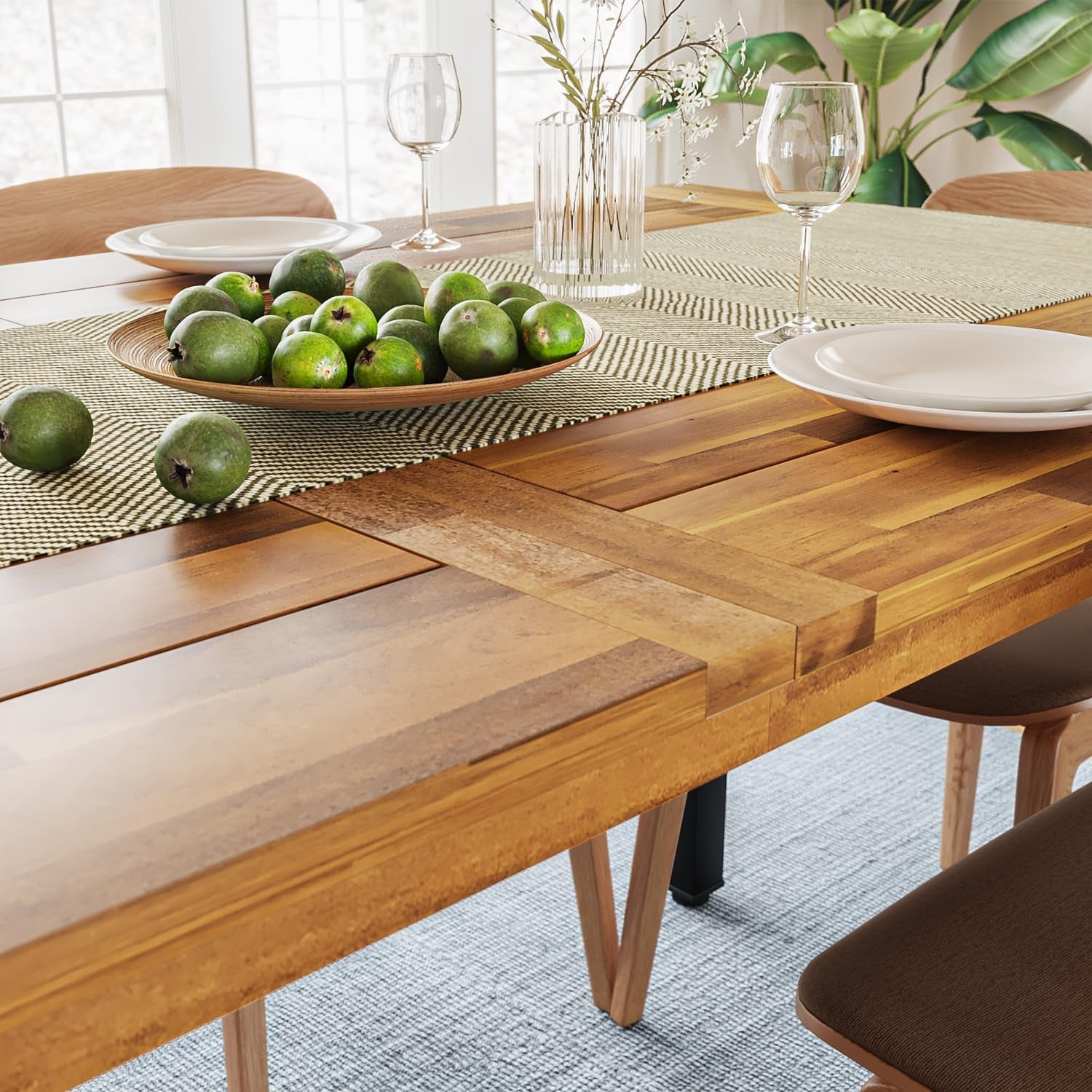 Dining Table for 6-8 People, 70" Acacia Wood Rustic Rectangular Dinner Table with Metal Frame, Sandblast Finish, Natural Stained, Indoor Outdoor Kitchen Dining Room Table Large 70X33.2X30 Inch