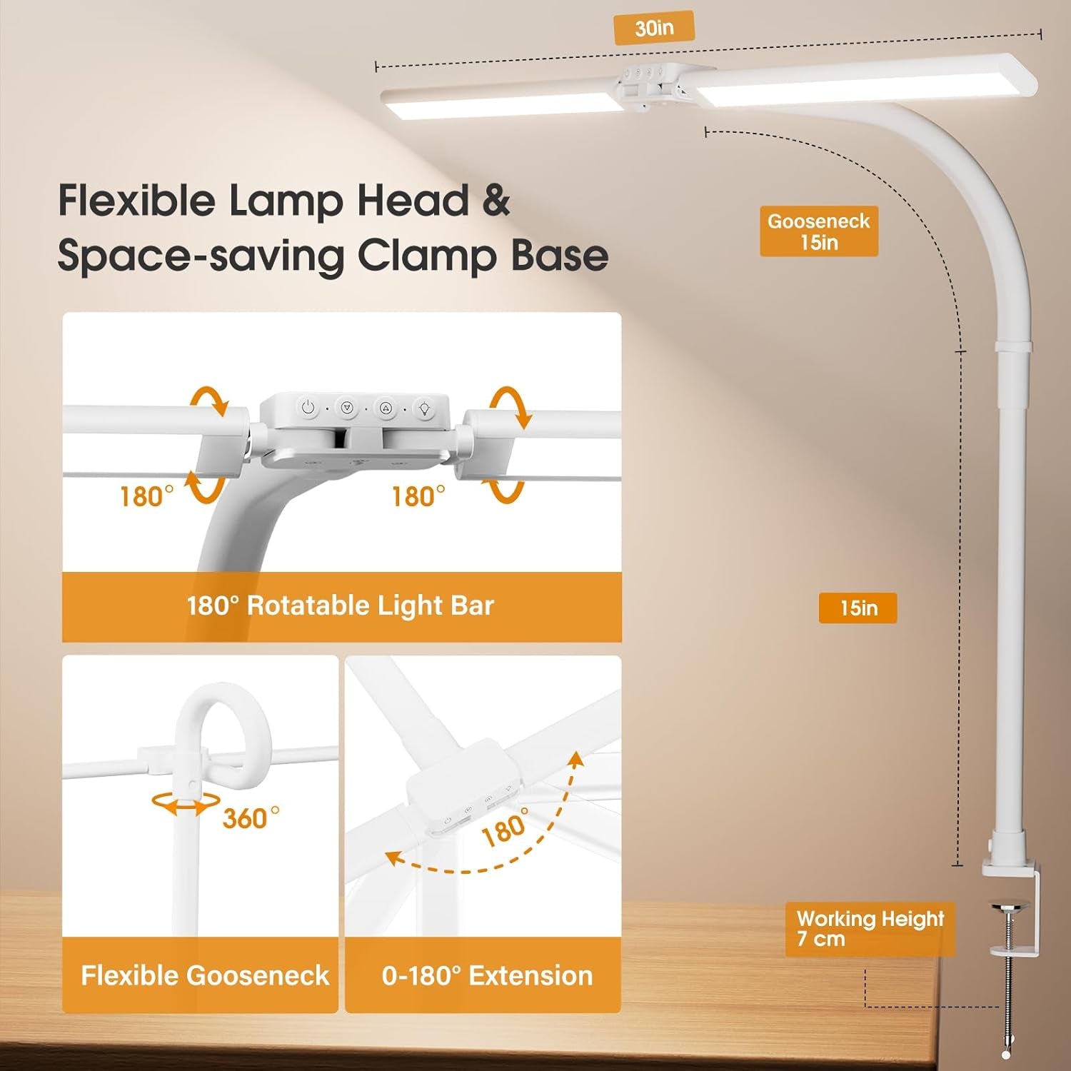 LED Desk Lamp for Home Office - Eye-Caring Computer Desk Light with Clamp, Adjustable Work Lamp with Color Changing, Dimmable Double Head Monitor Light with Gooseneck, White