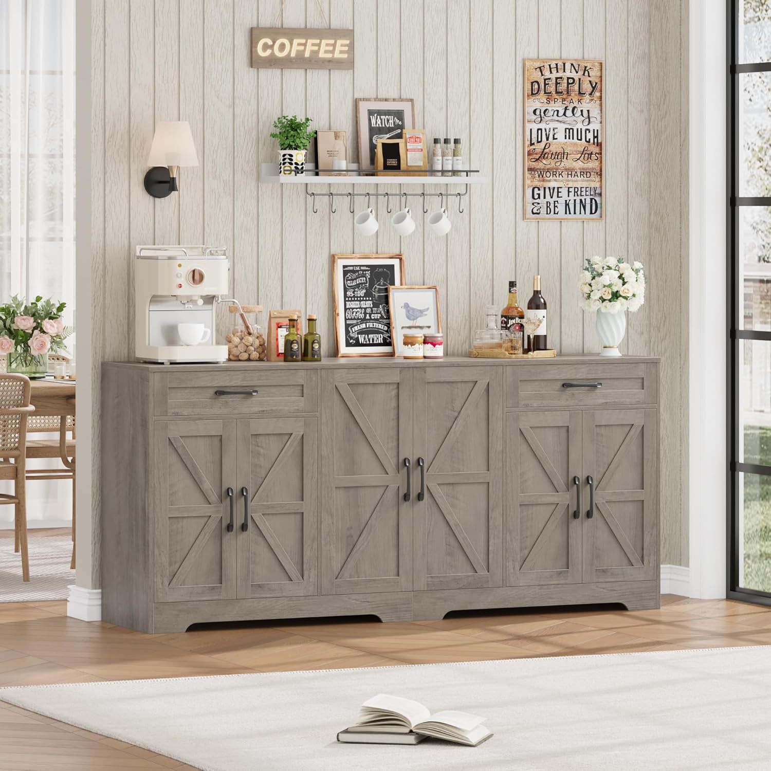 71” Large Sideboard Buffet Cabinet with Storage, Farmhouse Kitchen Buffet Cabinet with Adjustable Shelves and 6 Barn Doors, Wood Coffee Wine Bar Console Table, White, Ash Grey (Ash Grey)