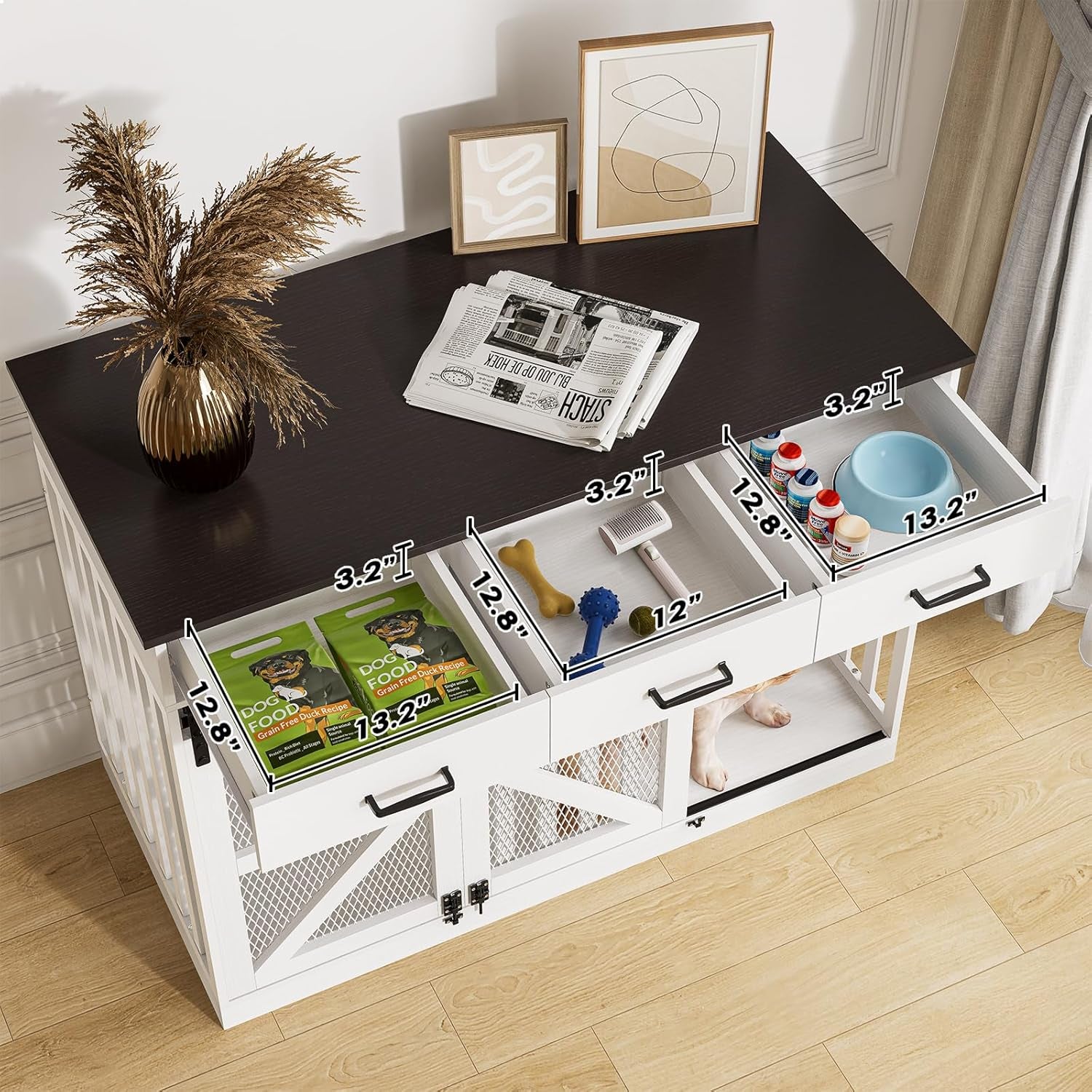48" Dog Crate Furniture with Storage, Heavy Duty Dog Kennel Indoor with Divider for Small, Medium and Large Dogs, Large Dog Cage with Sliding Barn Door, Decorate House as TV Stand, End Table