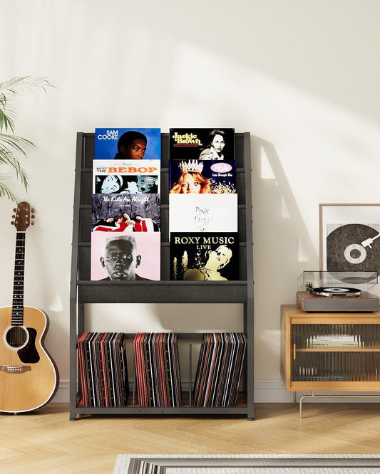 47.8" H Vinyl Record Storage Holder Rack with Display Shelf, 5-Tier Record Player Stand with Oxford Fabric Slots, Vinyl Record Organizer for Records, Magazines, Black and Rustic Brown TCW05BF