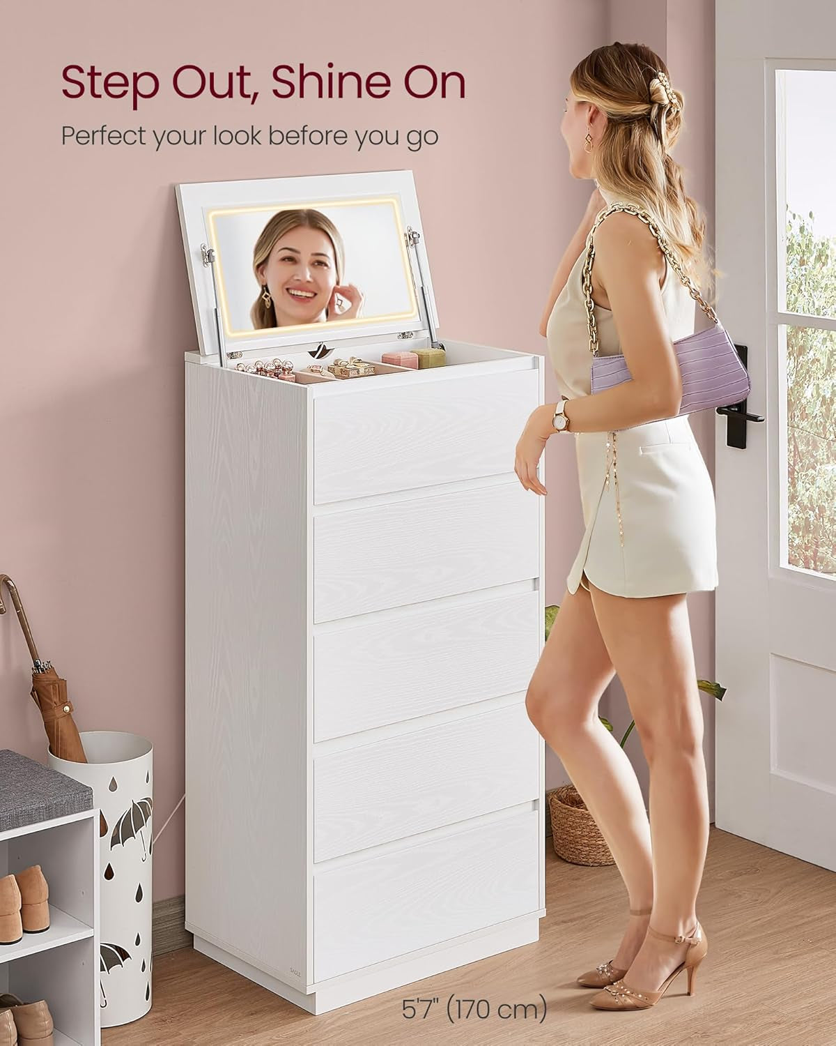 5-Drawer Dresser with Mirror and Lights for Bedroom, Chest of Drawers, Storage Tower Unit, for Closet, Living Room, Entryway, Modern Minimalist Style, Snow White ULTS615W01