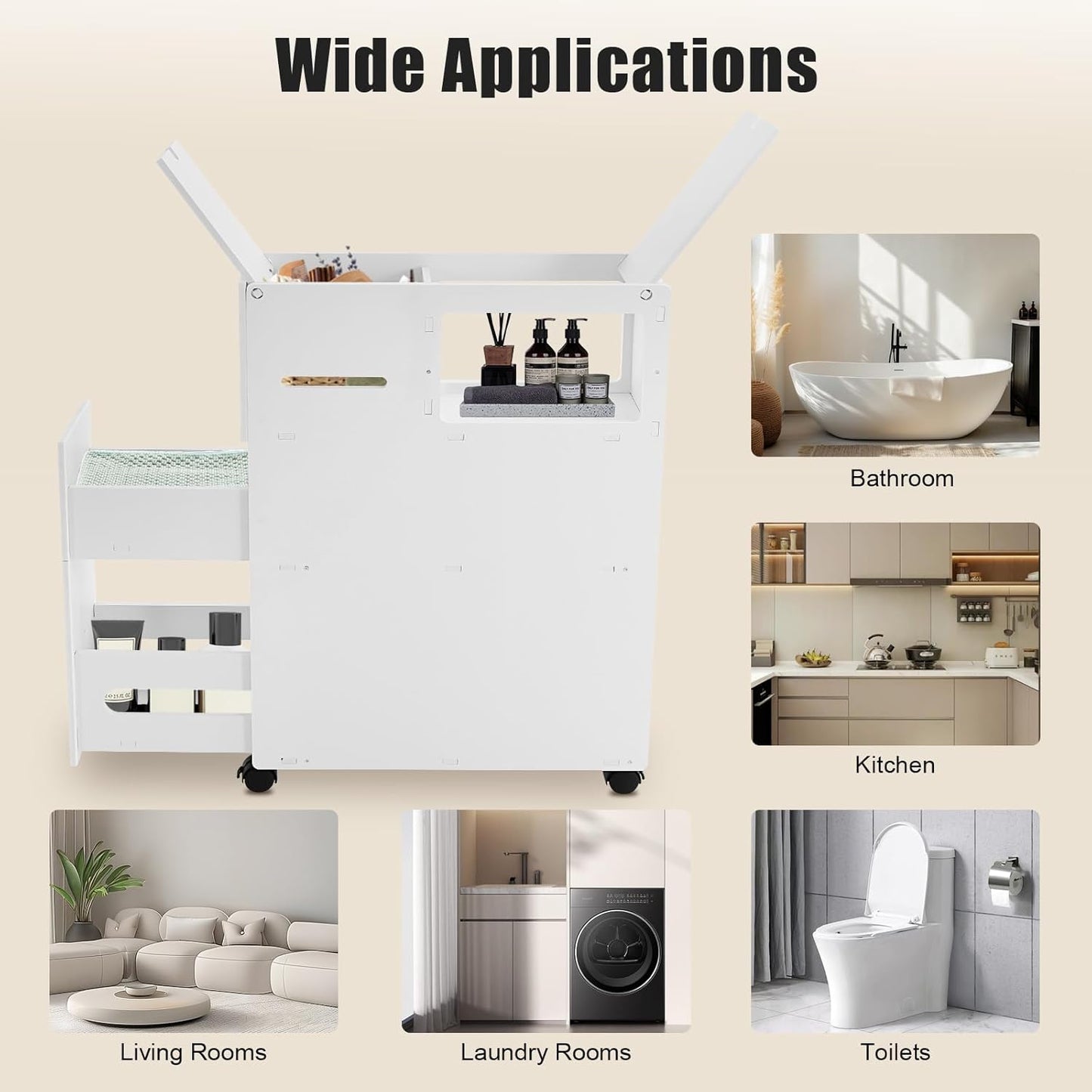 Bathroom Storage Cabinet, Storage Cabinet with Drawers, Movable Narrow Toilet Side Cabinet W/2 Slide Out Drawers, 2 Rattan Baskets & Shelves, Toilet Paper Holder on Wheels for Small Spaces