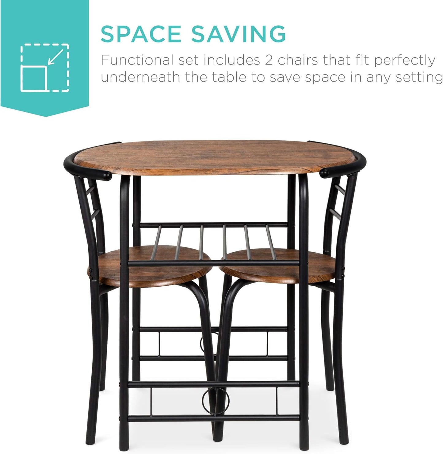 3-Piece Wooden round Table & Chair Set for Kitchen, Dining Room, Compact Space W/Steel Frame, Built-In Wine Rack - Black/Brown