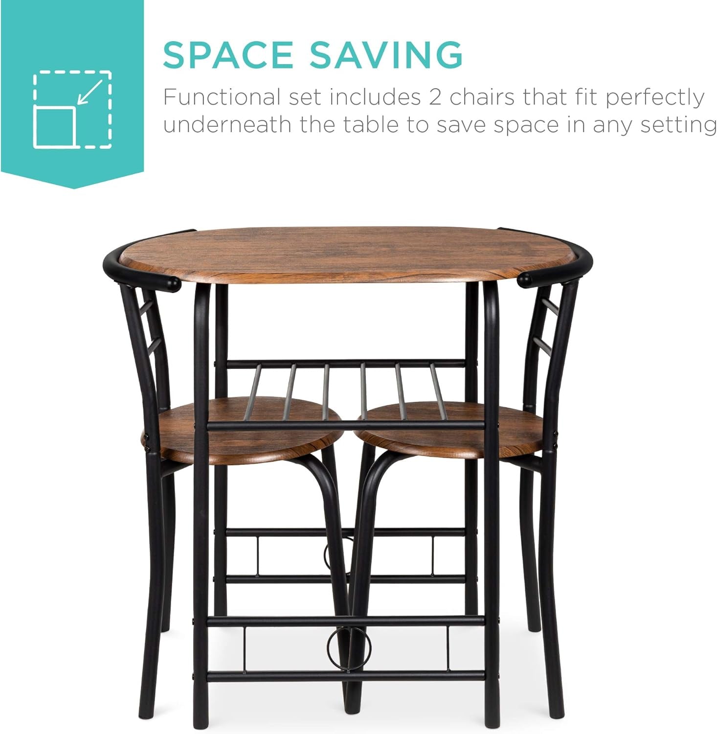 3-Piece Wooden round Table & Chair Set for Kitchen, Dining Room, Compact Space W/Steel Frame, Built-In Wine Rack - Black/Brown
