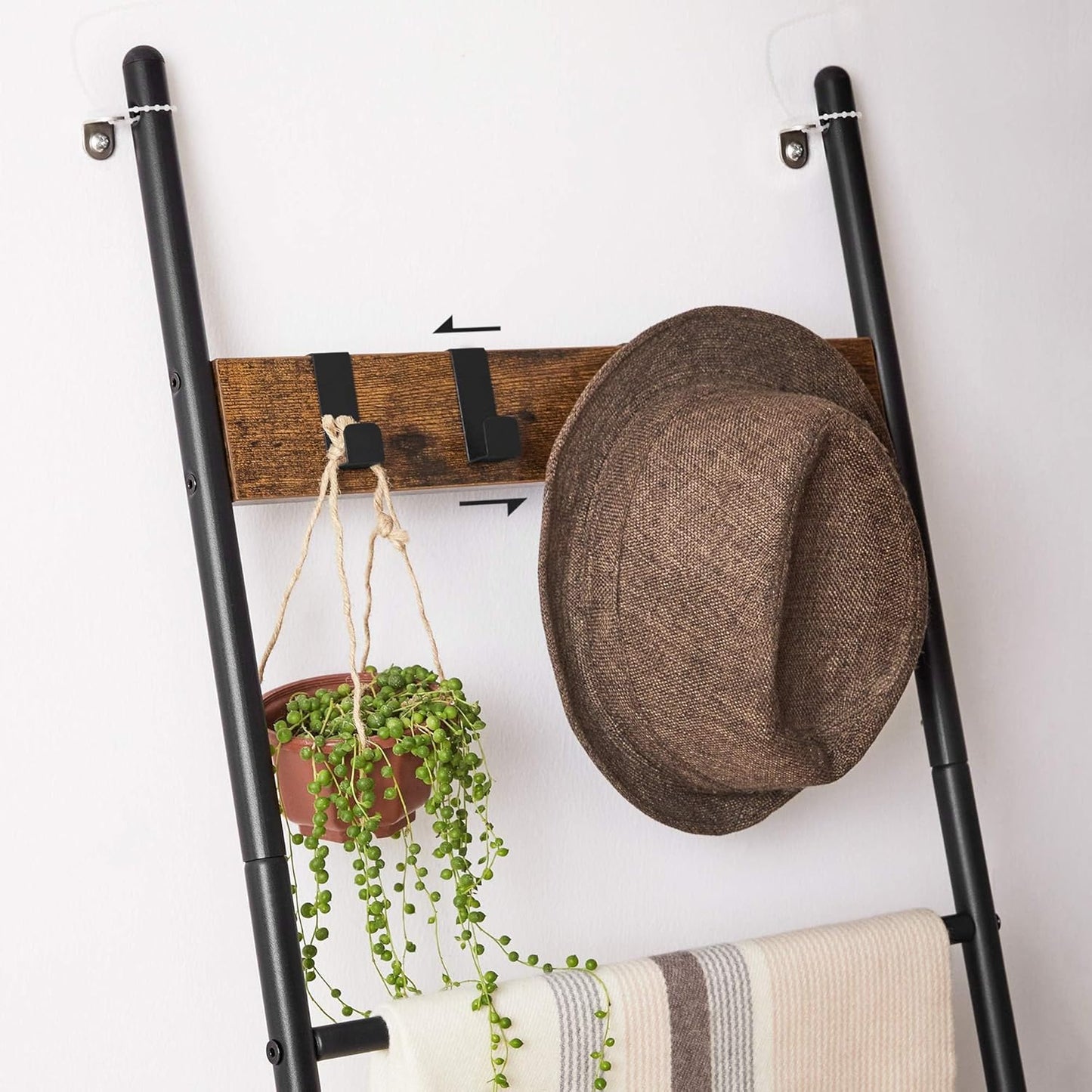 Blanket Ladder, 5-Tier Ladder Shelf, Decorative Ladder with 4 Removable Hooks, Metal Frame, Industrial Style, Rustic Brown and Black ULLS016B01