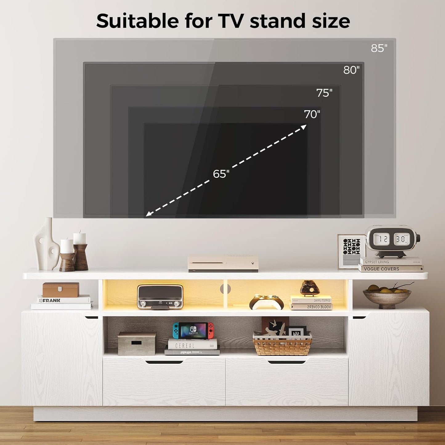 TV Stand for Tvs 85 Inch with Power Outlet and LED Lights, Entertainment Center with Storage Cabinets, Media TV Console with Drawers, Modern TV Stand for Living Room, White