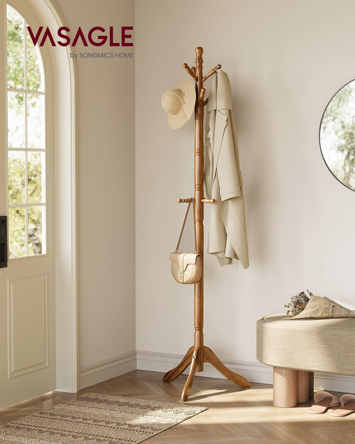 Solid Wood Coat Rack and Stand, Free Standing Hall Coat Tree with 10 Hooks for Hats, Bags, Purses, for Entryway, Hallway, Rubberwood, Caramel Brown URCR03WN