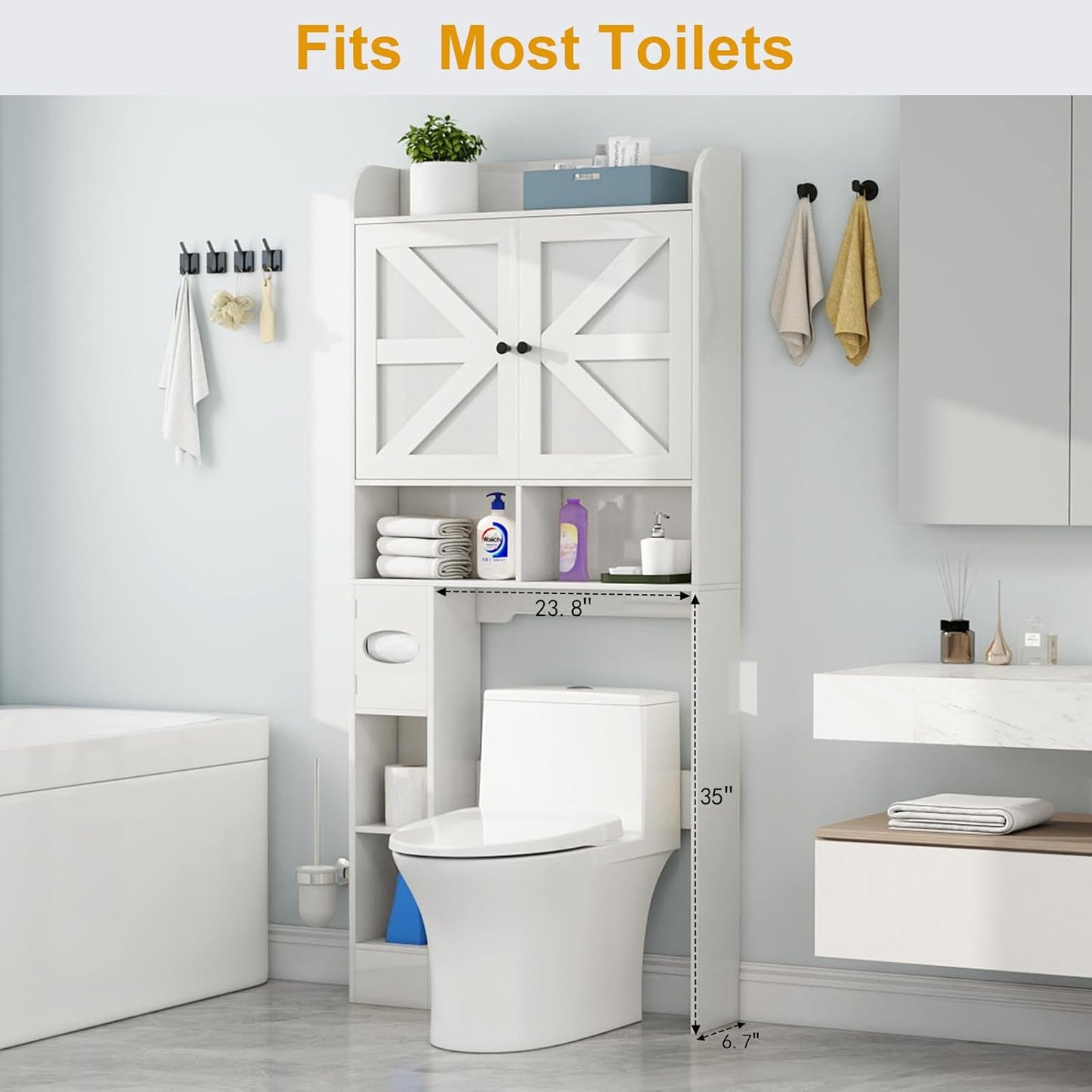 Over the Toilet Storage Cabinet with Farmhouse Barn Doors and Adjustable Shelves, Freestanding Bathroom Organizer with Toilet Paper Holder, Wood Space Saver for Small Restroom & Laundry Room, White