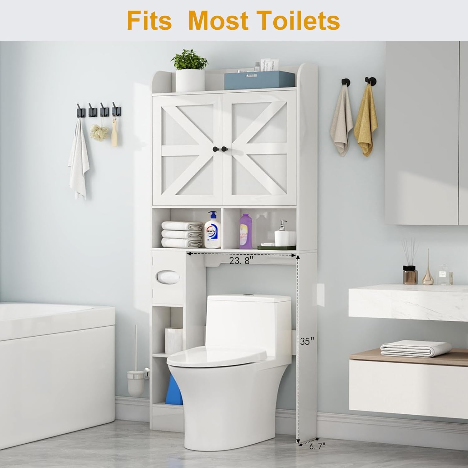 Over the Toilet Storage Cabinet with Farmhouse Barn Doors and Adjustable Shelves, Freestanding Bathroom Organizer with Toilet Paper Holder, Wood Space Saver for Small Restroom & Laundry Room, White