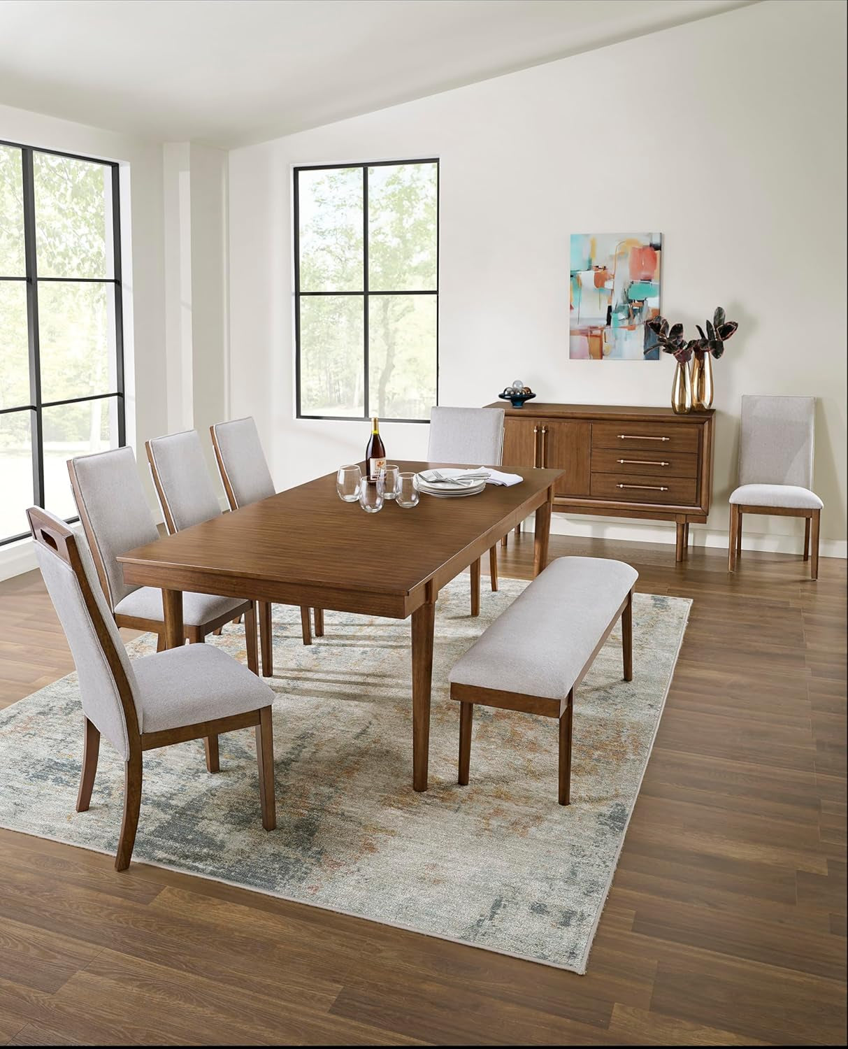 Lyncott 59" Upholstered Solid Wood Frame Dining Bench, Gray/Brown
