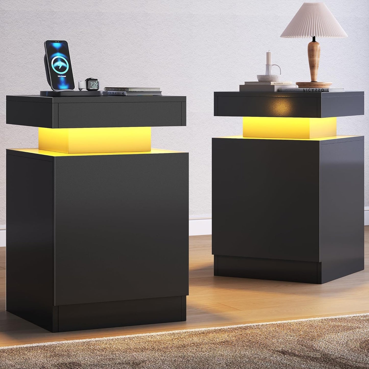 Nightstand Set of 2 with LED Lights,Night Stand with Storage Cabinet for Bedroom,Bedside Table with LED (Black, 15" / Set of 2)