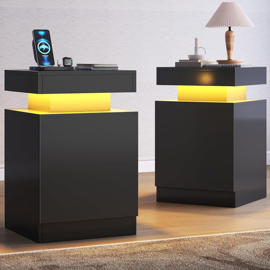 Nightstand Set of 2 with LED Lights,Night Stand with Storage Cabinet for Bedroom,Bedside Table with LED (Black, 15" / Set of 2)