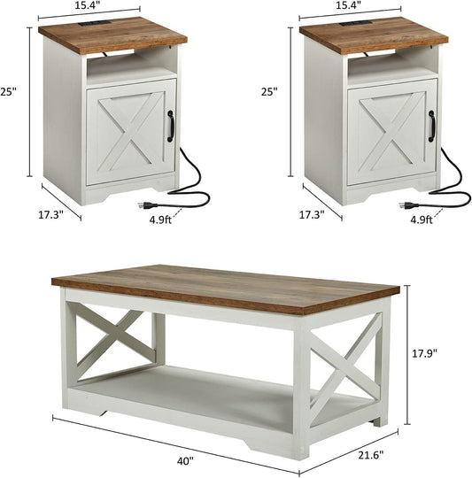 3-Piece Farmhouse Living Room Table Set with Coffee Table & 2 End Tables, Charging Station & USB Ports, Distressed White