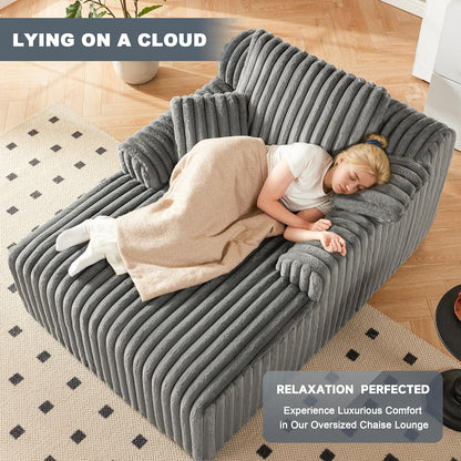 63" Oversized Chaise Lounge Chair Indoor, Boneless Couch Chair with 3 Pillows, Comfy Reading Chair with Wide Arms, No Assembly Required Corduroy Couch, Sleeper Sofa for Living Room, Gray