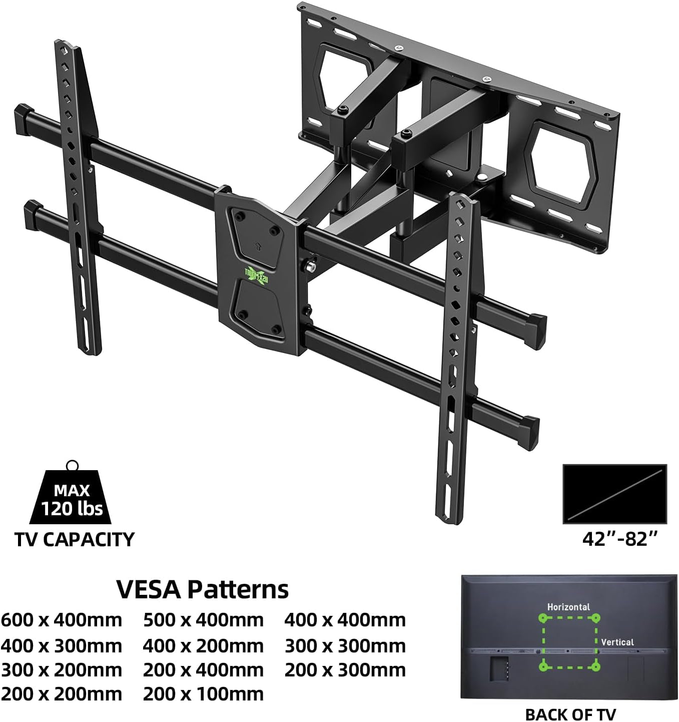Full Motion TV Wall Mount for 42-82 Inch Tvs up to 120Lbs, TV Bracket with Articulating Swivel Tilt Extension Leveling, Television Mount for Max VESA 600X400Mm Fits 12/16" Wood Stud