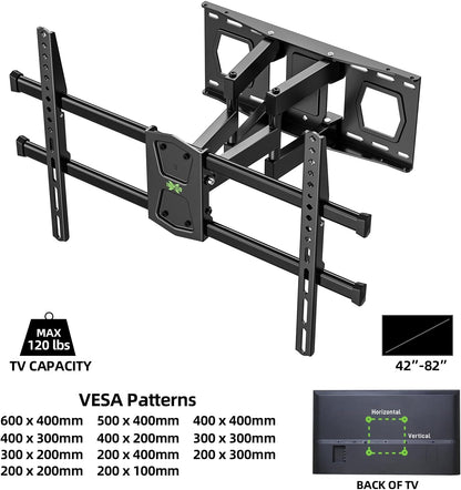 Full Motion TV Wall Mount for 42-82 Inch Tvs up to 120Lbs, TV Bracket with Articulating Swivel Tilt Extension Leveling, Television Mount for Max VESA 600X400Mm Fits 12/16" Wood Stud