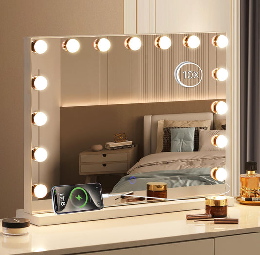 Hollywood Vanity Mirror with Lights, 23"X18" Lighted Makeup Mirror with 10X Magnifying for Desk/Wall Mount, 15 Led Bulbs, 3 Lighting Modes for College Dorm, Bedroom & Dressing Room (White)