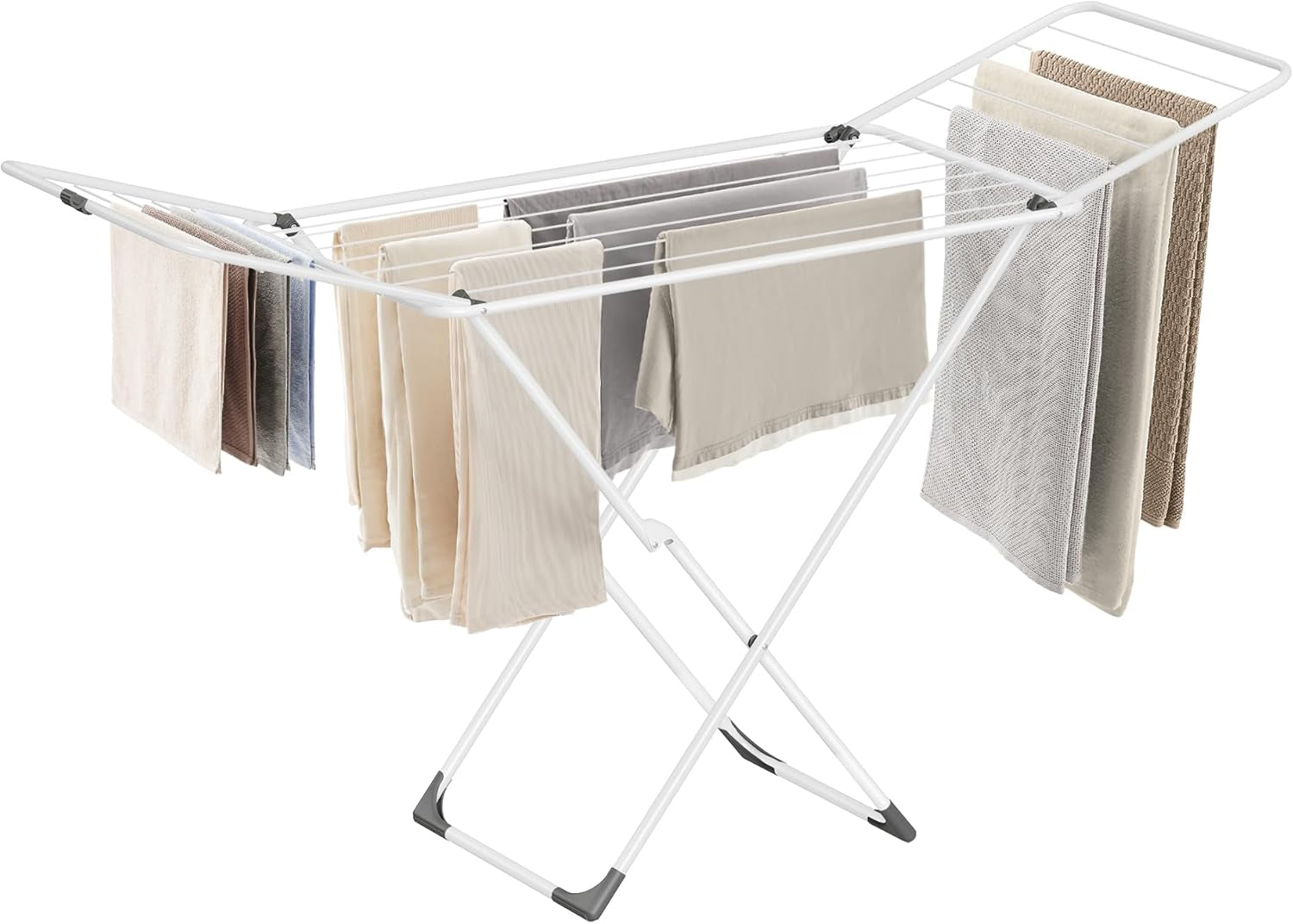 Clothes Drying Rack, Metal Laundry Drying Rack, Foldable, Space-Saving, Free-Standing Airer, with 2 Gullwings, Indoor Outdoor Use, Bed Linen Clothing, White ULLR540W01