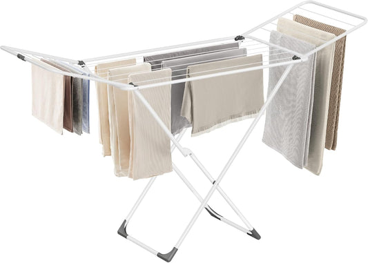 Clothes Drying Rack, Metal Laundry Drying Rack, Foldable, Space-Saving, Free-Standing Airer, with 2 Gullwings, Indoor Outdoor Use, Bed Linen Clothing, White ULLR540W01