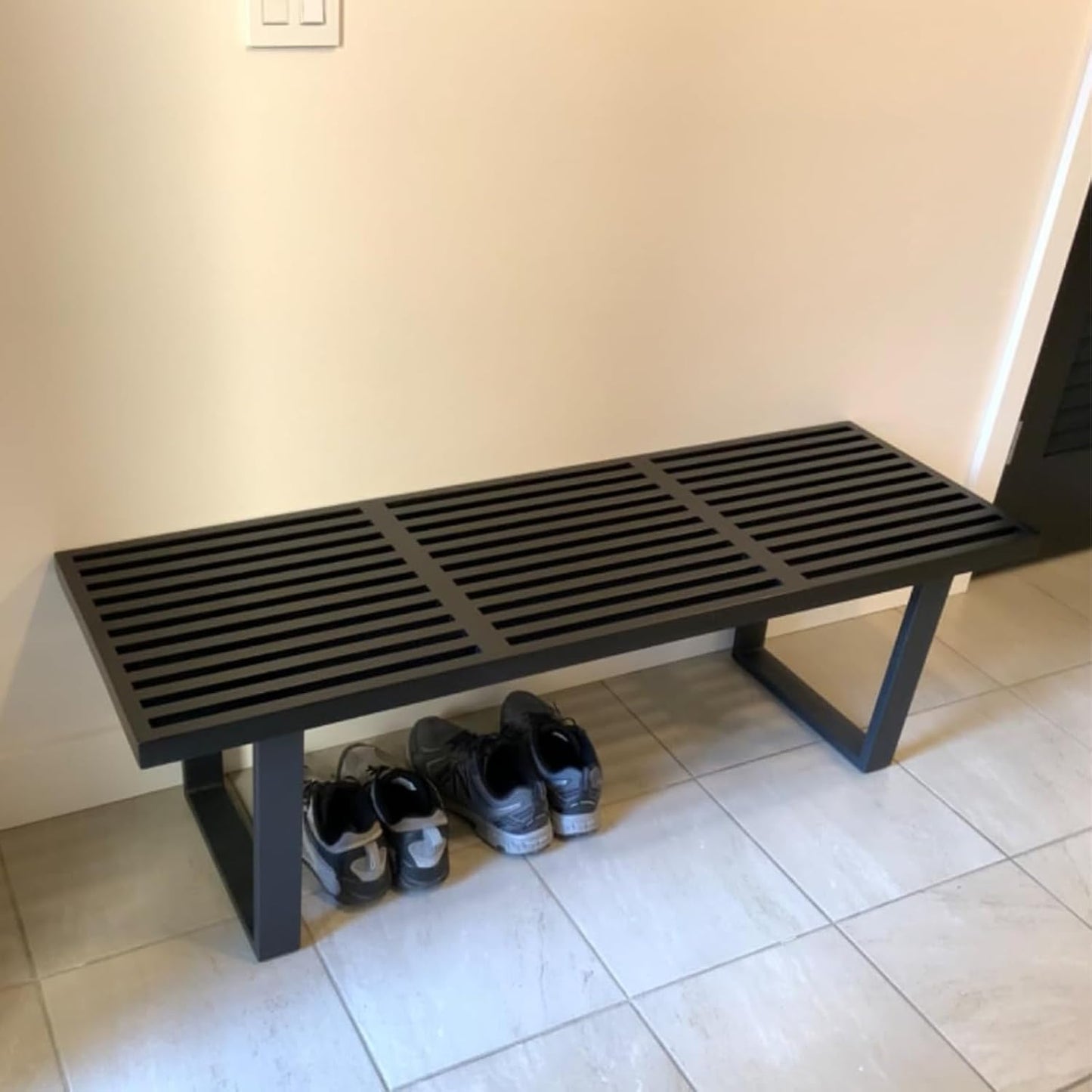 55" Black Wood Entryway Bench, Industrial End of Bed Bench for Bedroom, Wooden Dining Bench with Black Metal Frame, Long Bench Ottoman Bench for Living Room Foyer Indoor Hallway