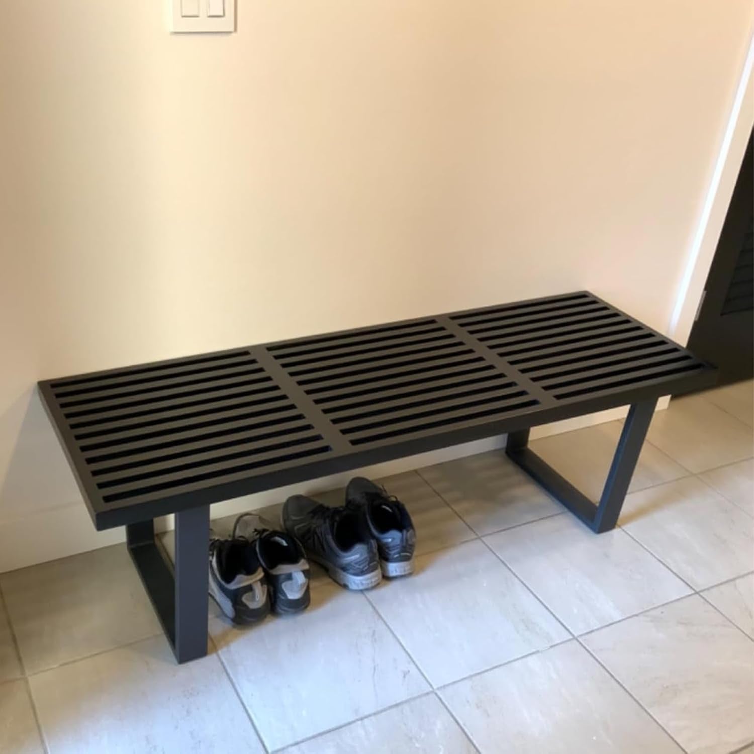 55" Black Wood Entryway Bench, Industrial End of Bed Bench for Bedroom, Wooden Dining Bench with Black Metal Frame, Long Bench Ottoman Bench for Living Room Foyer Indoor Hallway