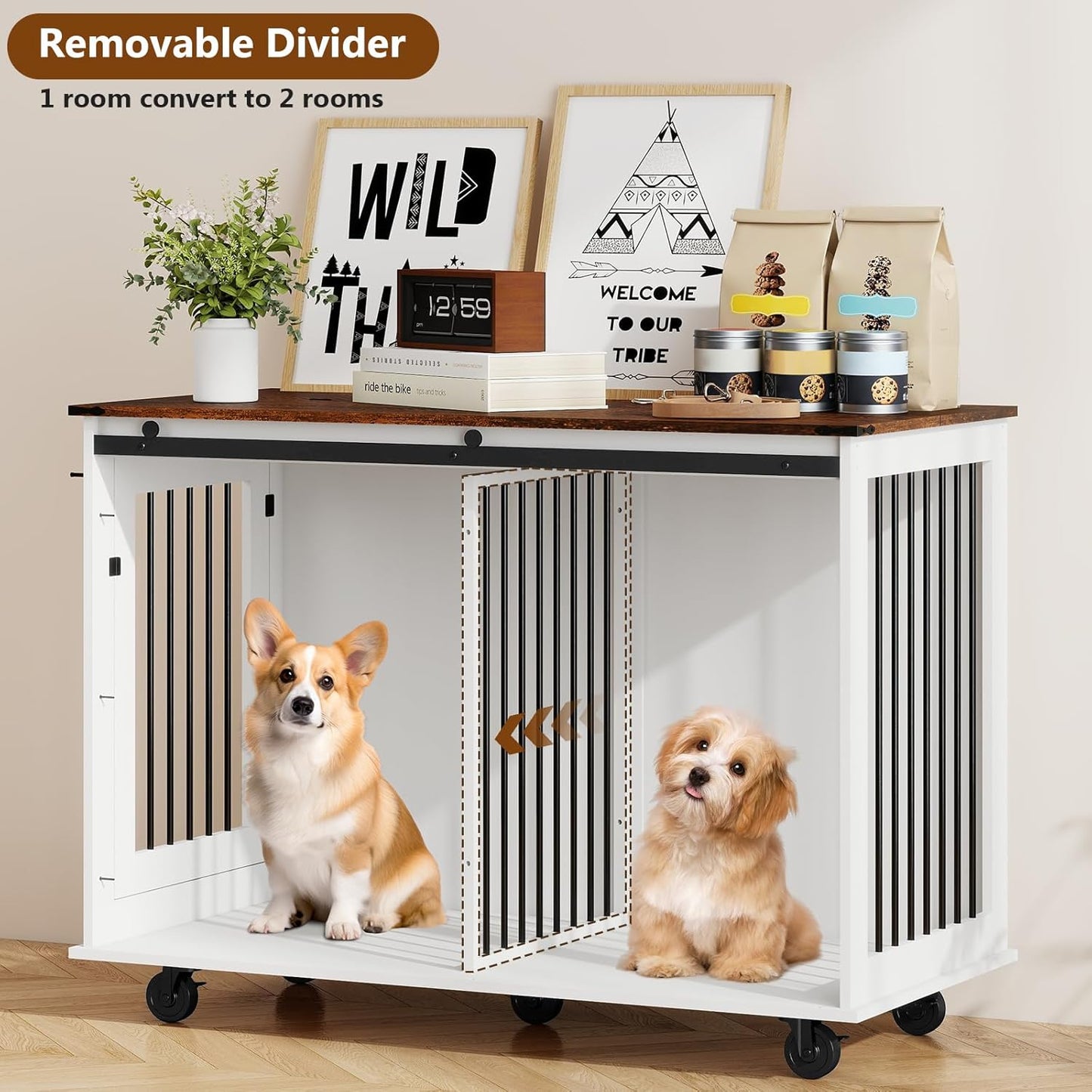 48 Inch XL Dog Crate, Wood XXL Dog Crate Furniture with Wheels, Flip-Top Feeding Door, Removable Divider, Farmhouse End Table Dog Crate with Sliding Barn Door, White