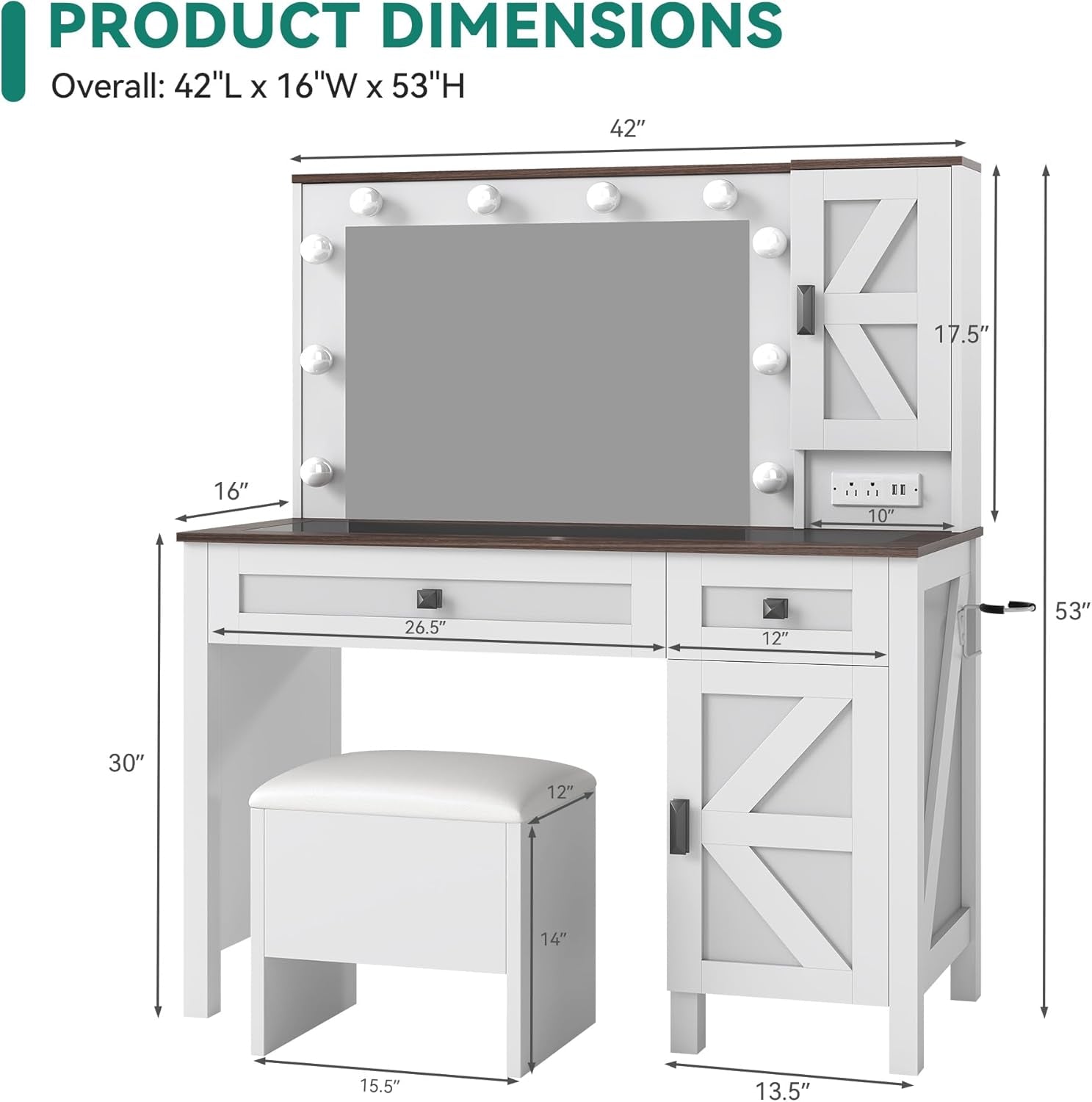 Farmhouse Vanity Desk with Light and Hollywood Makeup Mirror, Large Storage Space Vanity Set with 2 Drawers & 2 Cabinets, Dressing Table for Bedroom, Stool Included, White