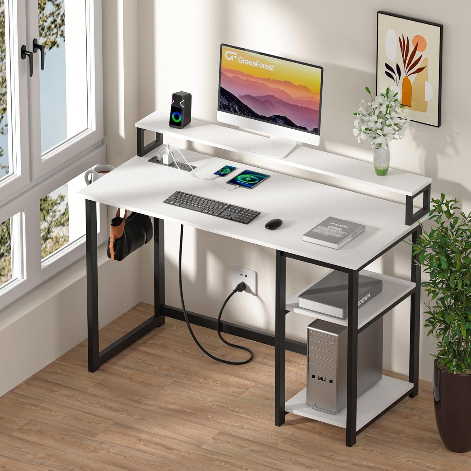 40 Inch Home Office Desk with Power Outlets, Small Computer Desk with Ergonomic Monitor Stand, Reversible Gaming Desk, Modern Study Desk, Laptop Desk, White