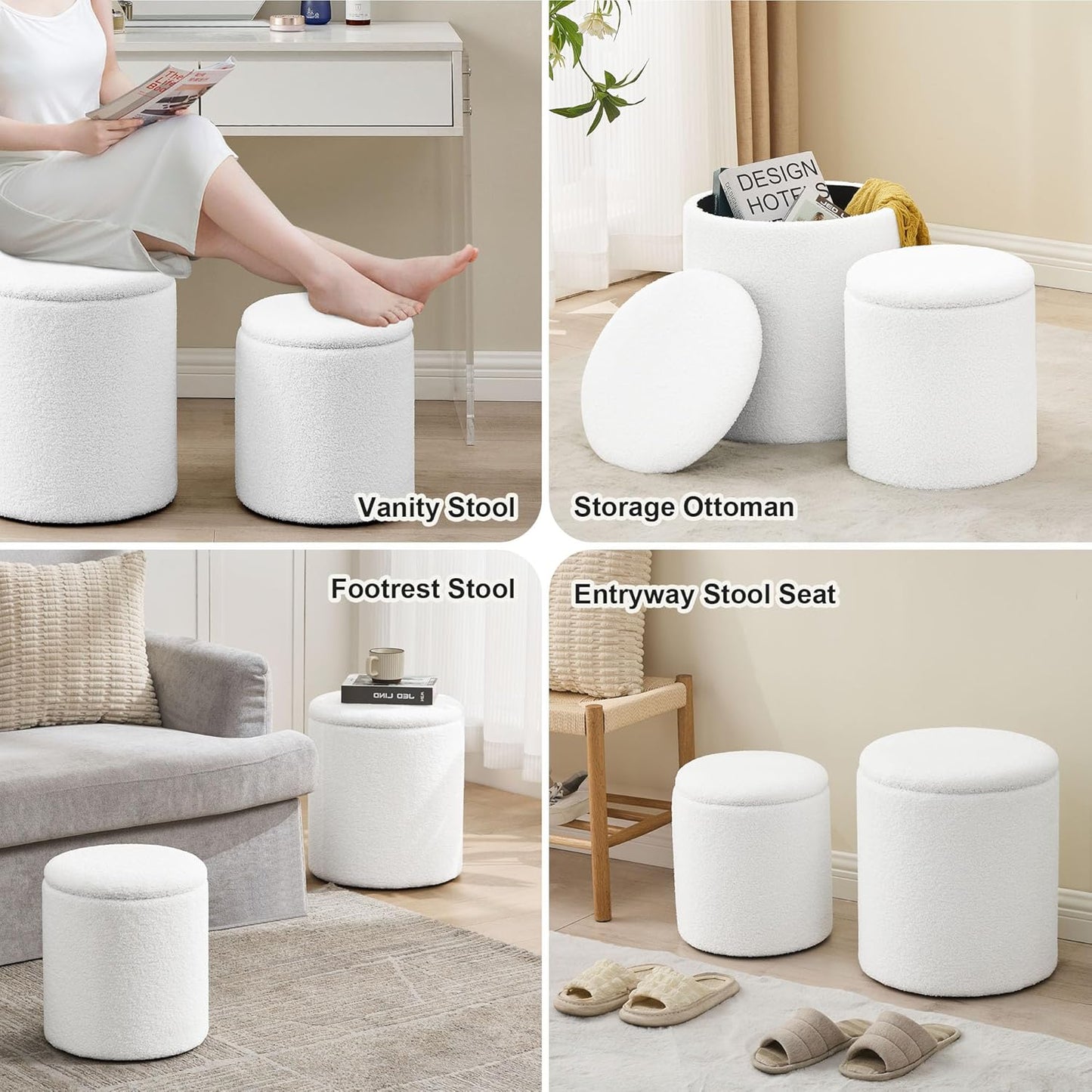 Round Set of 2 Ottoman with Storage, Boucle Storage Ottoman Foot Stool, Soft Teddy Upholstered Small Vanity Stool, Ottomans Coffee Table Padded Seat Foot Rest for Living Room Bedroom, White
