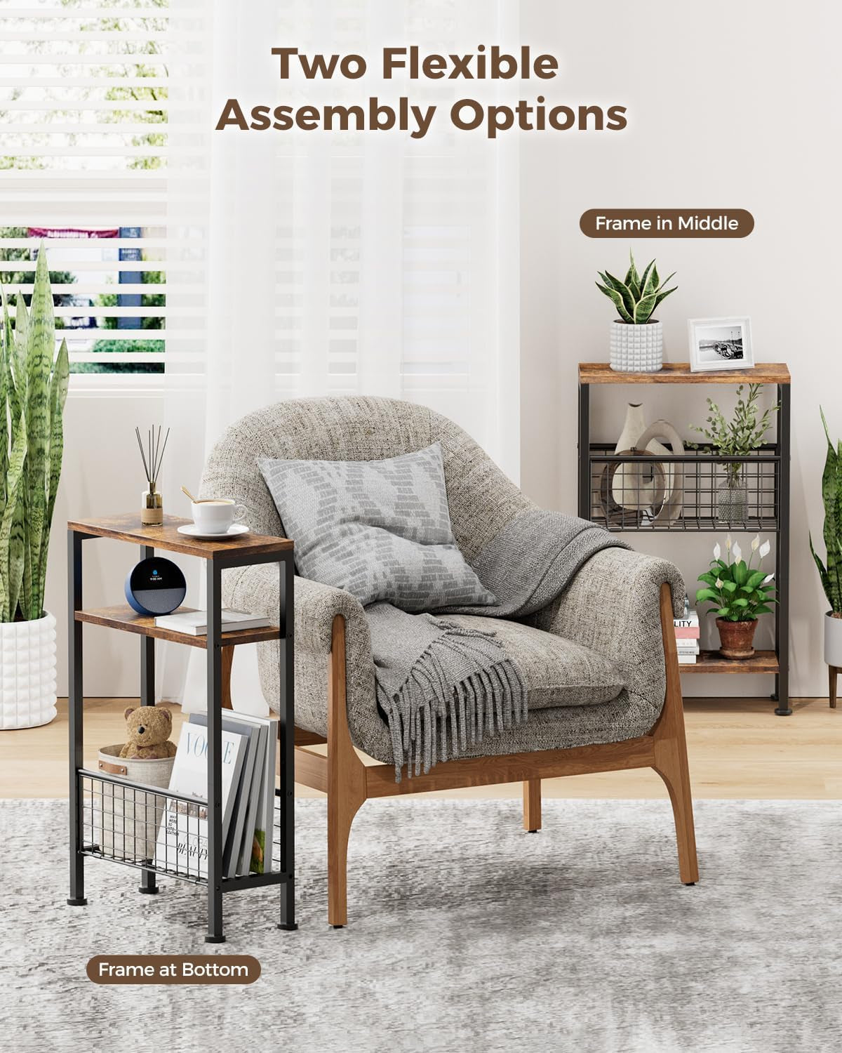 Narrow Side Table, Skinny End Table for Small Spaces with Storage, 3-Tier Slim Wooden Bedside Nightstand Thin Couch Table for Living Room Bedroom Office Dorm Kitchen Bathroom (Rustic Brown)