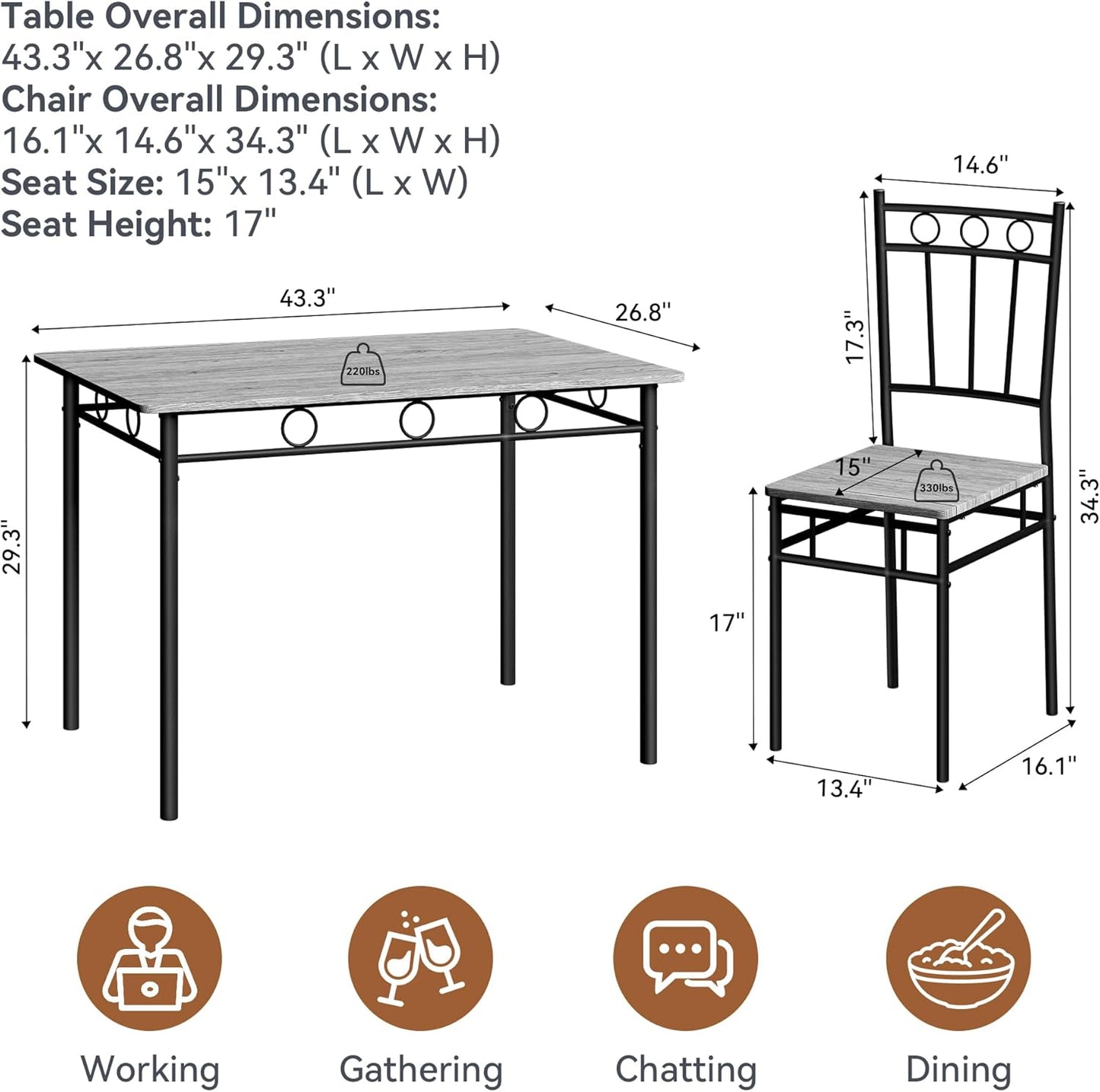 Rectangular Dining Room Table Set with 4 Chairs, Space-Saving Kitchen Table Set for Small Space, Retro Grey