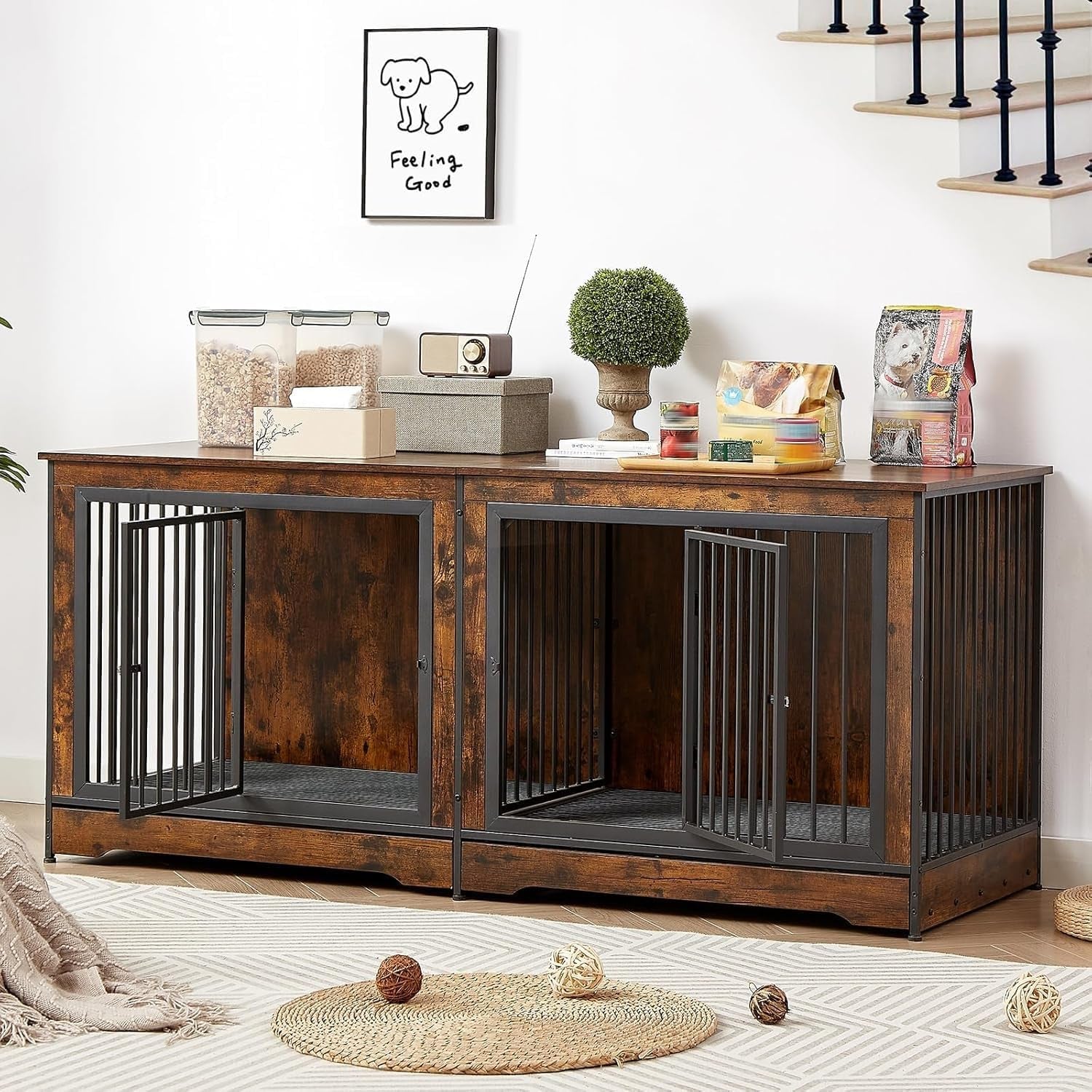 75'' Double Dog Crate Furniture for 2 Large Dogs, Heavy Duty Furniture Style Dog Kennel End Table, Wood Crates for Dogs Kennel Indoor Double Door, Brown