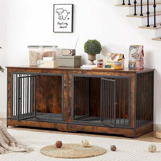 75'' Double Dog Crate Furniture for 2 Large Dogs, Heavy Duty Furniture Style Dog Kennel End Table, Wood Crates for Dogs Kennel Indoor Double Door, Brown
