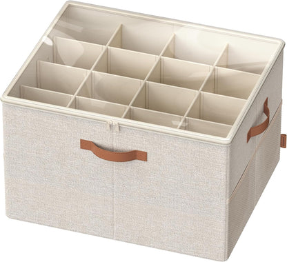 Shoe Organizer for Closet, Shoe Storage Bin, Fits 16 Pairs, Fabric Container with Handles and Clear Cover, Adjustable Dividers, Customizable, Cappuccino Beige ULSP555K01