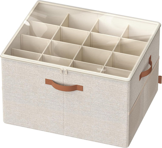 Shoe Organizer for Closet, Shoe Storage Bin, Fits 16 Pairs, Fabric Container with Handles and Clear Cover, Adjustable Dividers, Customizable, Cappuccino Beige ULSP555K01