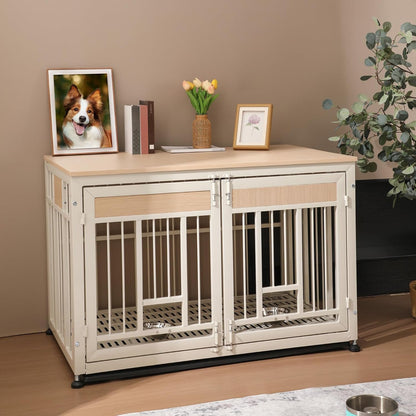 48 Inch Heavy Duty Dog Crate Furniture with Removable Tray & 2 Feeders, Decorative Pet House End Table, Extra Large Wooden Cage Kennel Furniture Indoor, Natural and White