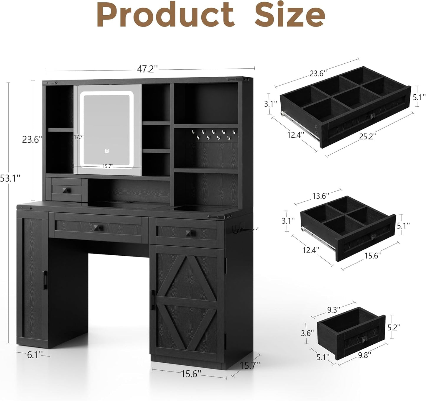Farmhouse Makeup Vanity Desk with Sliding Mirror and Lights, Glass Desktop Makeup Vanity Desk with Charging Station, 3-Tier Hidden Slide-Out Vanity Shelves, Jewelry Storage Cabinet, 2 Drawers-Black