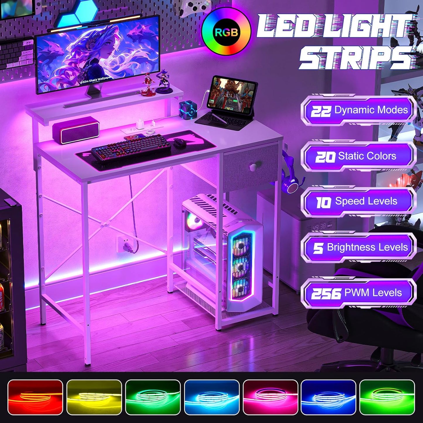 33.5" Small Gaming Desk with LED Lights & Power Outlets, Compact Computer Desk with Monitor Stand & CPU Stand, Gamer Table with Storage Drawer, Side Hooks for Home Office, Bedroom, White