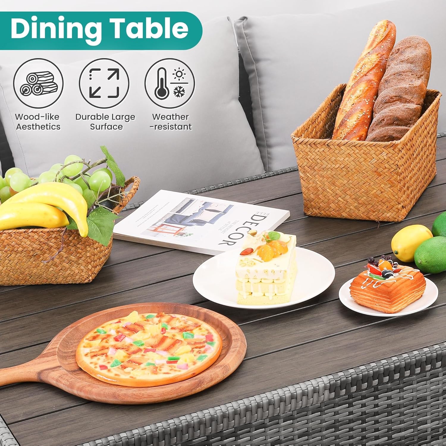 Patio Furniture Set, 7 Pieces Outdoor Patio Furniture with Dining Table&Chair, All Weather Wicker Conversation Set with Ottoman,Grey (Include Sofa Dust Cover)