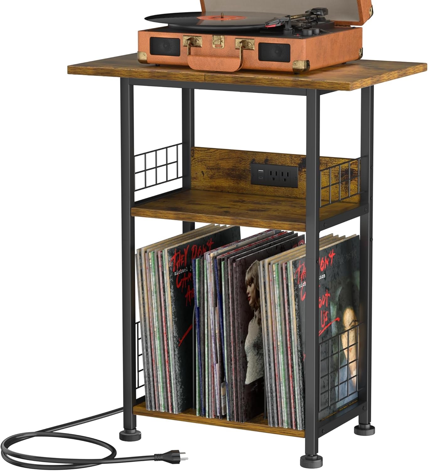 Record Player Stand with Charging Station, 3 Tier Turntable Stand with Storage Cabinet, Vinyl Storage End Table Hold up to 200 Albums, Record Table for Vinyl, Living Room, 23.6" W X 15.7" D